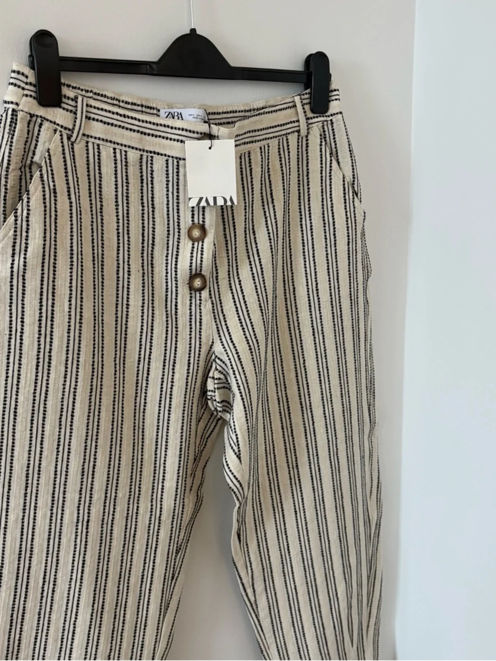 Zara Embroidered Striped Rustic Cotton & Linen Tapered Cropped Pants Size L NWT